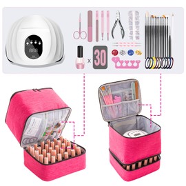 AGX Bravo Nail Polish Carrying Case with UV LED Nail Lamp Compartment - Holds 30 Bottles, Double-layer Nail Light Storage Bag for Nail Dryer, Rose-Pink (BAG ONLY)
