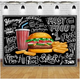 Burger Fries Photography Backdrop Black Wall Fast Food Restaurant Cooking Theme Kids Baby Birthday Party Banner Baby Shower Photo Booth Banner Vinyl (7ft×5ft)