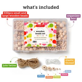 Incraftables Natural Wooden Beads for Crafts 530pcs (8mm, 10mm, 15mm, 20mm & 25mm). Best Wood Beads for Crafts with Holes. Bulk Unfinished DIY Large & Small Wooden Craft Beads w/Jute Twine & Organizer
