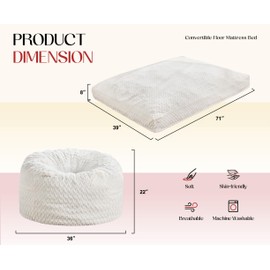 Hobestluk Bean Bag Chair Convertible Beanbag Chairs for Adults, 3 in 1 Bean Bags with Plush Chevron Cover, Adult Bean Bag Chair for Living Room, Bedroom (White, Twin)