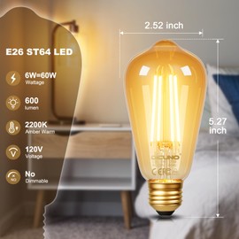 DiCUNO E26 Edison Bulbs 60W, 2200K Amber Warm, 6W LED Edison Bulb ST64, Amber Glass, Vintage LED Light for Home, 600LM, Non-Dimmable, CRI 80, Pack of 6