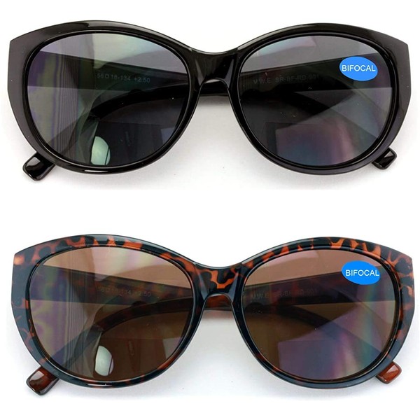 2 pares de lentes de sol de lectura bifocales para mujer, gafas de lectura Cateye vintage Jackie ovaladas, 1 Negro 1 Tortuga, Adulto