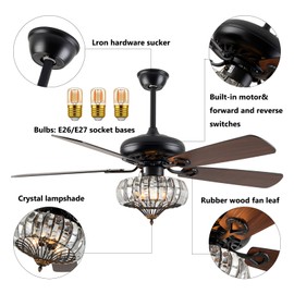 LOYALHEARTDY Fan Light Ceiling Fan with Lights, 52 Inch 110v Industrial Vintage Crystal Style Chandelier 3 Wind Speed Adjustable with Remote Control, Dining Room Living Room Bedroom