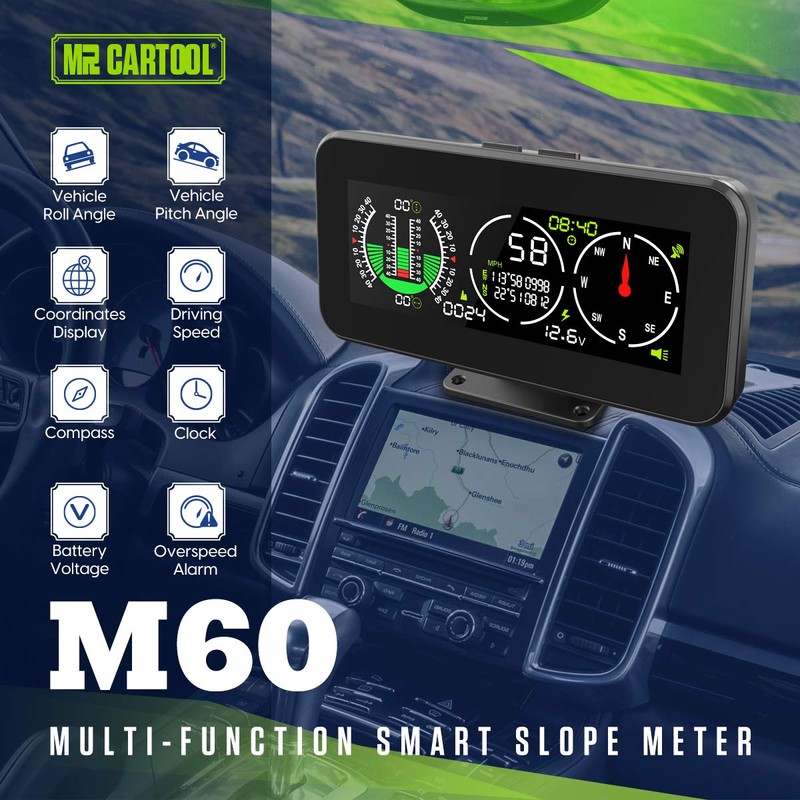 M60 Car Inclinometer for for Off-Road SUV Vehicles, MPH KMH