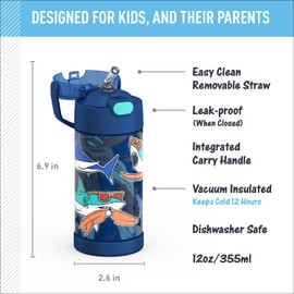 THERMOS FUNTAINER Water Bottle with Straw - 12 Ounce - Kids Stainless Steel Vacuum Insulated Water Bottle with Lid, Surfin Sharks