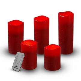 M Mirrowing Flameless LED Candle, Red Burgundy Decorative Rustic Textured Candle. Set 5 3"Dx4/5/6/7/8"H, Real Wax, Realistic Flickering, Remote Control, Timer, Battery Operated (Light Ivory)