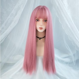 Generic Long Wig for Women Pink Synthetic Hair Natural Long Straight Wig With Bangs Party Cosplay Wig for Girl