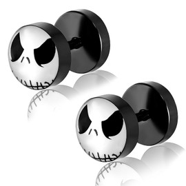 Comfort Zone Studios 8 MM (0g) Black Stainless Steel Two-Tone Jack Skellington Mask Circle Faux Fake Cheater Ear Plugs Gauge, Pair