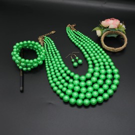 MeliMe Faux Big Pearl Srand Necklaces for Women 5 Layers Pearl Bib Collar Necklace Bracelet and Earrings set 1920s Costume Pearl Jewelry Bridal Wedding gift (green)