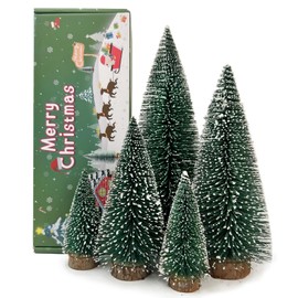 MTKZKAF 5 PCS Table top Christmas Pine Tree Bottle Brush Christmas Trees with Wooden Bases for Village Holiday Party Christmas Table Decor