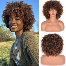 Vitorish Synthetic Hair Wig Curly Afro Wig With Bangs about 230g/Piece Full Machine Made Scalp Top Wig 10 Inches Afro Kinky Curly Synthetic Hair Cosplay Wig (Black to Brown)