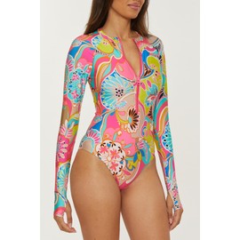Trina Turk Women's Standard Paddle One Piece Swimsuit, Rash Guard, UV Protection, Zip Front, Long Sleeve, Bathing Suits, Venus (Multicolor), Small