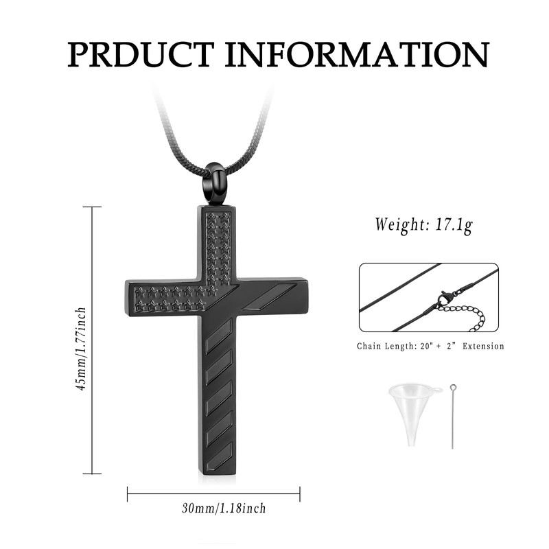 American Flag Cross Urn Necklace for Ashes for Men Women