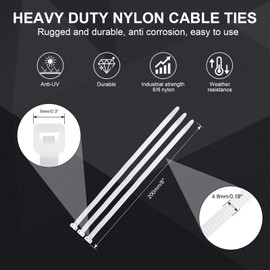 Boacua White Zip Ties Heavy Duty 8 Inch(100 Pack), 50lb Multi-purpose Cable Ties For Indoor and Outdoor Use