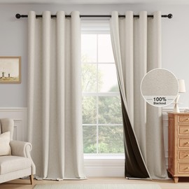 FMFUNCTEX 100% Blackout Beige Curtains for Bedroom/Living Room Darkening Drapes, Cream Linen Textured Curatins 63 Inch Length Farmhouse Thermal Insulated Heavy Curtain, Grommet Top Black Out 2 Panels