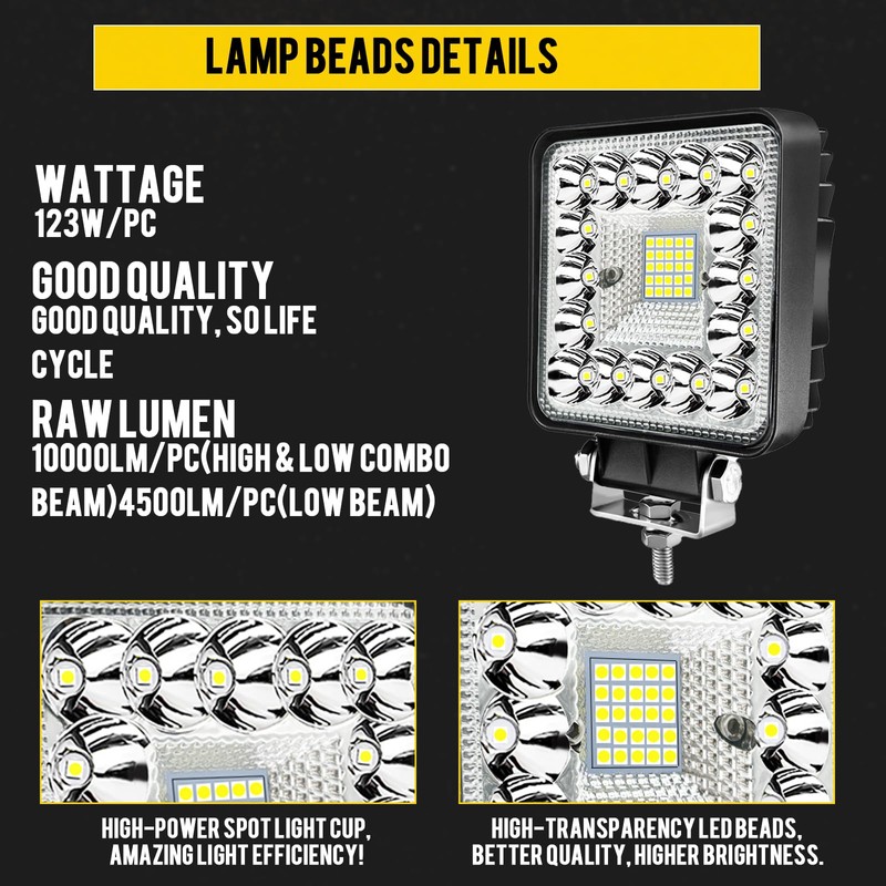 LED Tractor Work Lights MUVKQC 4 Inch 123W 12000lm Square