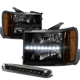Auto Dynasty Pair Black Housing Amber Corner Headlights with LED Running Light Bundle with Clear Lens Center High Mount Third Brake Lamp Compatible with GMC Sierra 1500 2500HD 3500HD 07-13