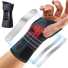 Rakiie Wrist Support, Adjustable Night Wrist Support with 3 Metal Splints, Hand Splint for Men and Women, No Pressure on Thumb, Splint Stabilizer, Purple, Right Hand, M