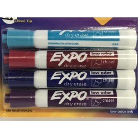 Expo Dry Erase Markers 4 New Vibrant Colors, Chisel Tip, Low Odor