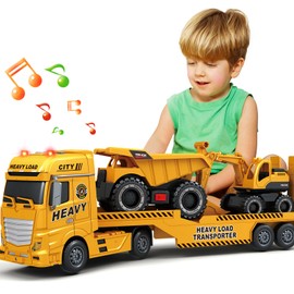 Kids Toys for 3 4 5 6 7 8 Years Boys, 25" Construction Truck Toy with Excavator and Dump Truck, Toddler Friction Powered Truck Vehicle Toy with Lights, Sounds for Boys Girls Christmas Birthday Gifts