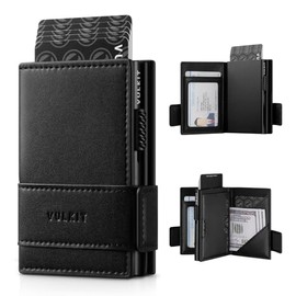 VULKIT - Portatarjetas plegable de piel plegable para hombre con bloqueo RFID, capacidad para 9 tarjetas y billetes (Negro)