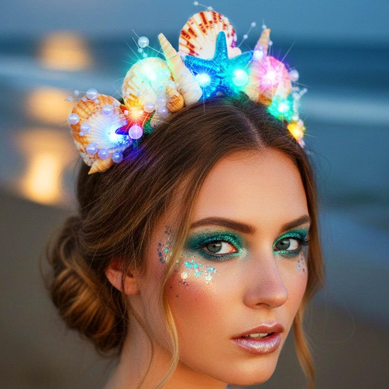 Kilshye Light Up Mermaid Crown Starfish Tiara Shell Headband Hair