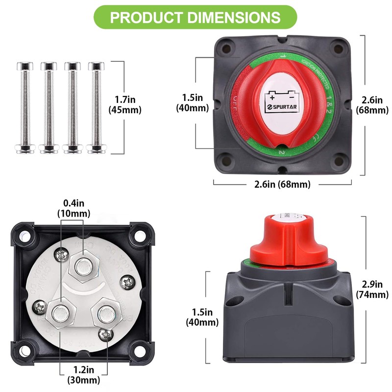 Spurtar Car Battery Disconnect Switch 12V 24V 48V 1-2-Both-Off Battery