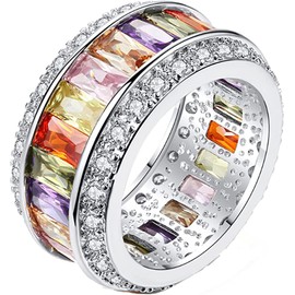 VPKJewelry 14K Gold Plated Rainbow Ring Wedding Band for Women Emerald Cut Multi Color Created-Gemstone Eternity Ring (multicolor, 8.5)