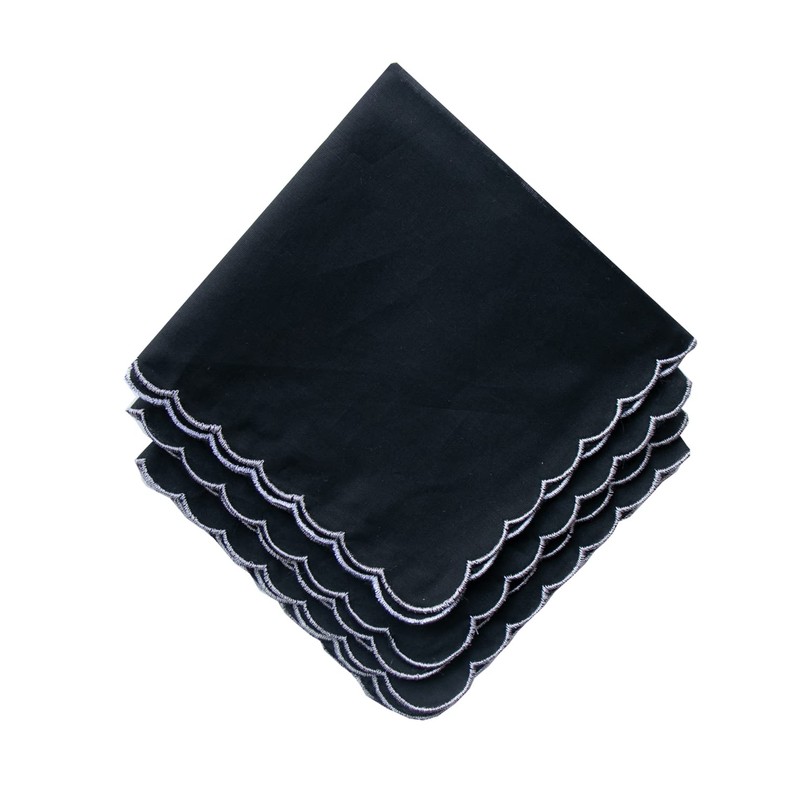 MZLIU Women Black Handkerchiefs Cotton Hankies with Embroidered Scalloped Edge