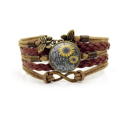 You Are My Sunshine Sunflower Layers Leather Bracelet Butterfly Eternal Endless Daisy Cahrms Bracelet for Women-Brown