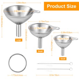 Lyfeesis 3pcs Funnel,Stainless Steel Funnels, Small Funnel with Handle and Cleaning Brush, Kitchen Funnel,Funnels for Transferring Jam, Cooking Oils, Liquids, Powders(1.77inch/ 2.2inch/ 2.95inch)