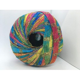 Memento Royale Berlini Glitter Ribbon Yarn 50 Gram, 88 Yards, 3/8" Wide #153 Bon Bon - Pink, Green, Blue, Yellow, Orange, Purple with Gold Metallic Glitter