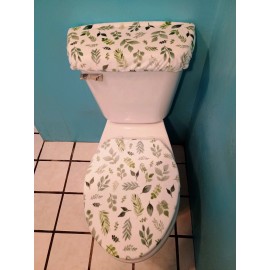 Handmade GREEN LEAVES ON WHITE FLEECE TOILET SEAT LID & TANK TOP COVER SET