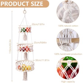 FEISHIONG 3-Tier Hanging Fruit Basket,Bamboo Wall Fruit Vegetable Flower Basket,Kitchen Wall Storage Organizer， Large Capacity&Easy Installation for Kitchen、Living Room & Hallway