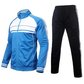 Megub Mens Tracksuit set 2 pieces side Striped Casual Jogger suit active sportswear Full zip sweat Jacket Elastic Waist solid pants(Teal blue,Large)