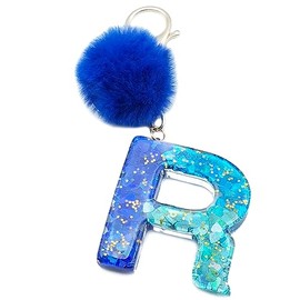 Xsclpomddy Initial Letter Resin Alphabet Key Rings with Fur Ball Pom pom keychains for Wallet Backpack Handbags Women Girls,R