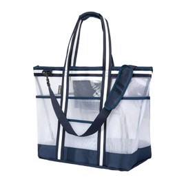 Vulken 42L Extra Large Mesh Beach Bag for Women and Men, Navy White Beach Bags and Totes with Zipper 9 Pockets for Travel, Swimming Gym, and Shopping