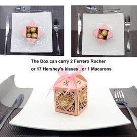 KPOSIYA 70 Pack Love Heart Laser Cut Wedding Party Favor Box Candy Bag Chocolate Gift Boxes Bridal Birthday Shower Bomboniere with Ribbons (Pink, 70)