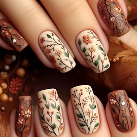 24 Pcs Fall Press on Nails Short Square Shaped Fake Nails with Leaf & Flowers Designs Glossy Brown False Nails Full Cover Autumn Acrylic Nail Stick on Nail for Women DIY Manicuare 24 Pcs