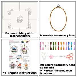 ORIGACH 5 Pack Mushroom Embroidery Kits for Beginners, DIY Stamped Cross Stitch Kit with Mushroom Patterns Hoops Needles Threads and Instructions for Adults Women Craft Lover