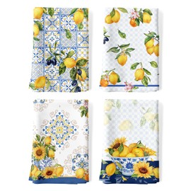 Arquiel Set of 4 Tea Towels Blue Lemon Kitchen Towels Decorative 100% Cotton 48 x 70 cm Dry Towels Absorbent Gift Kitchen Spring Summer Decoration