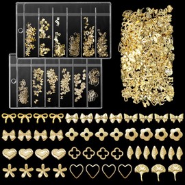 Gold Nail Charms, Metal Rivet Nail Charms, Multi Shapes Bows Flowers Heart Leaf Golden Nail Art Charms, Gold Rivet Charms for Nails Art Decor Accessories for Women Girls Acrylic Nails