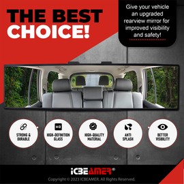 15.8" ICBEAMER Clip On Rear View Mirror | Flat Clear Tint Glass, Panoramic Wide Angle HD Glass, Anti Glare, Universal Fit for Car, SUV, Truck | Eliminates Blind Spots (1 Pack)