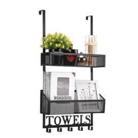 Azmoncy Over The Door Hooks Organizer, Over Door Rack with 5 Towel Hooks & 2 Mesh Basket, Back of Door Storage Organizer for Bathroom, Bedroom, Kitchen (Black)