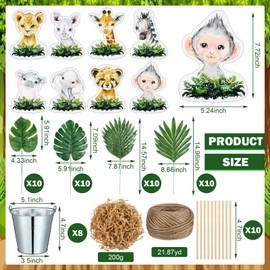 Amyhill 58 Pcs 8 Sets Jungle Animals Centerpieces for Table Safari Baby Shower Party Decorations with Palm Leaves Metal Buckets Jungle Animals Cutouts for Safari Wild One Birthday Party Decor
