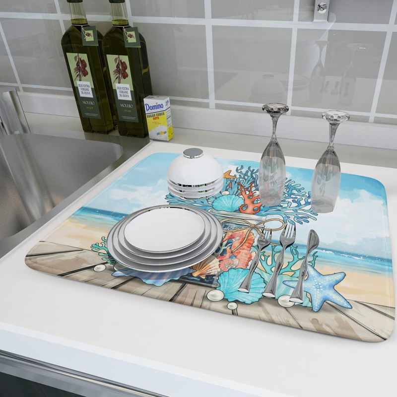 Coastal Coral Dish Drying Mat 18x24 inch Starfish Shell Fast