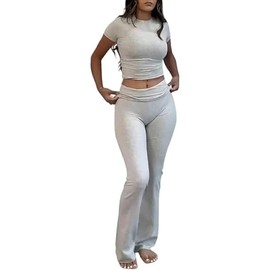 COPYLEAF COPYLEAF Two Piece Lounge Sets for Women Fold Over Flare Pants Short Sleeve Crop Top Y2k Outfits Matching Set Tracksuit(Light Grey S)