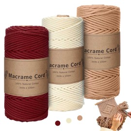 Macrame Cotton Yarn Cord, Red, Set of 3, Macrame Yarn 3 mm x 100 m, Macrame Cord Cotton Yarn, Macrame Yarn for DIY Crafts, Knitting, Boho Wall Hanging Decoration (Beige, Brick Red, Bordeaux Red)