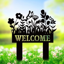 FYSUIMU Welcome Metal Yard Sign Spring Wildflower Silhouette Black Garden Stake Decorative Rustic Lawn Sign for Home Outside Lawn Porch Walkway Decor