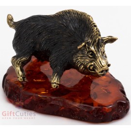 Solid Brass Amber Figurine of wild Boar pig Hog Swine IronWork